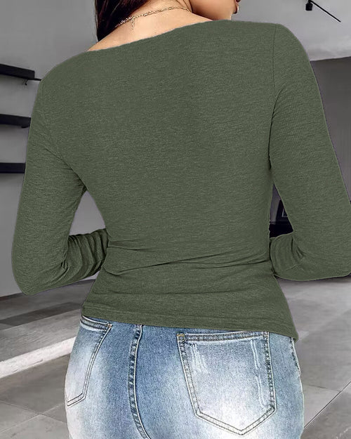 Manga Larga Ribbed Notch Neck Built in Bra