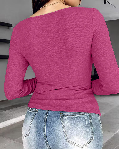 Manga Larga Ribbed Notch Neck Built in Bra